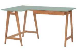 Zelený lakovaný rohový pracovní stůl RAGABA LUKA 135 x 85 cm s dubovou podnoží